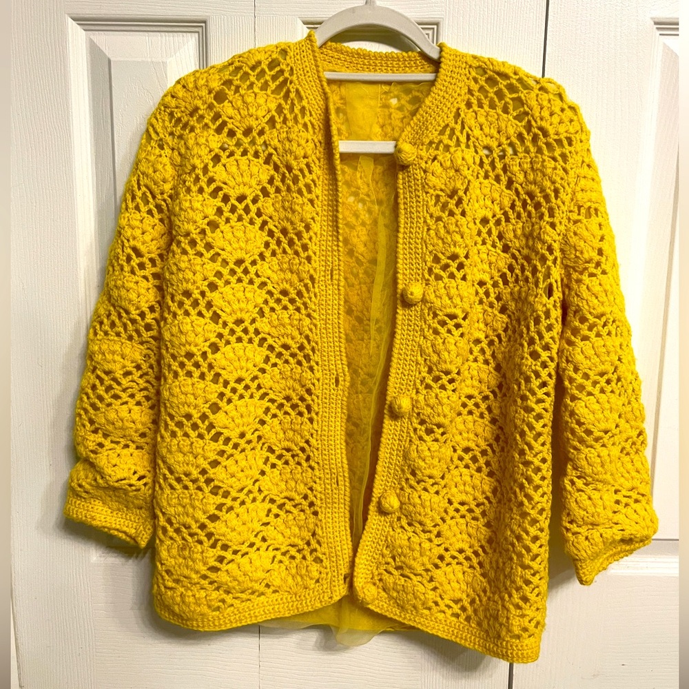 1970s vintage crochet cadmium yellow sweater